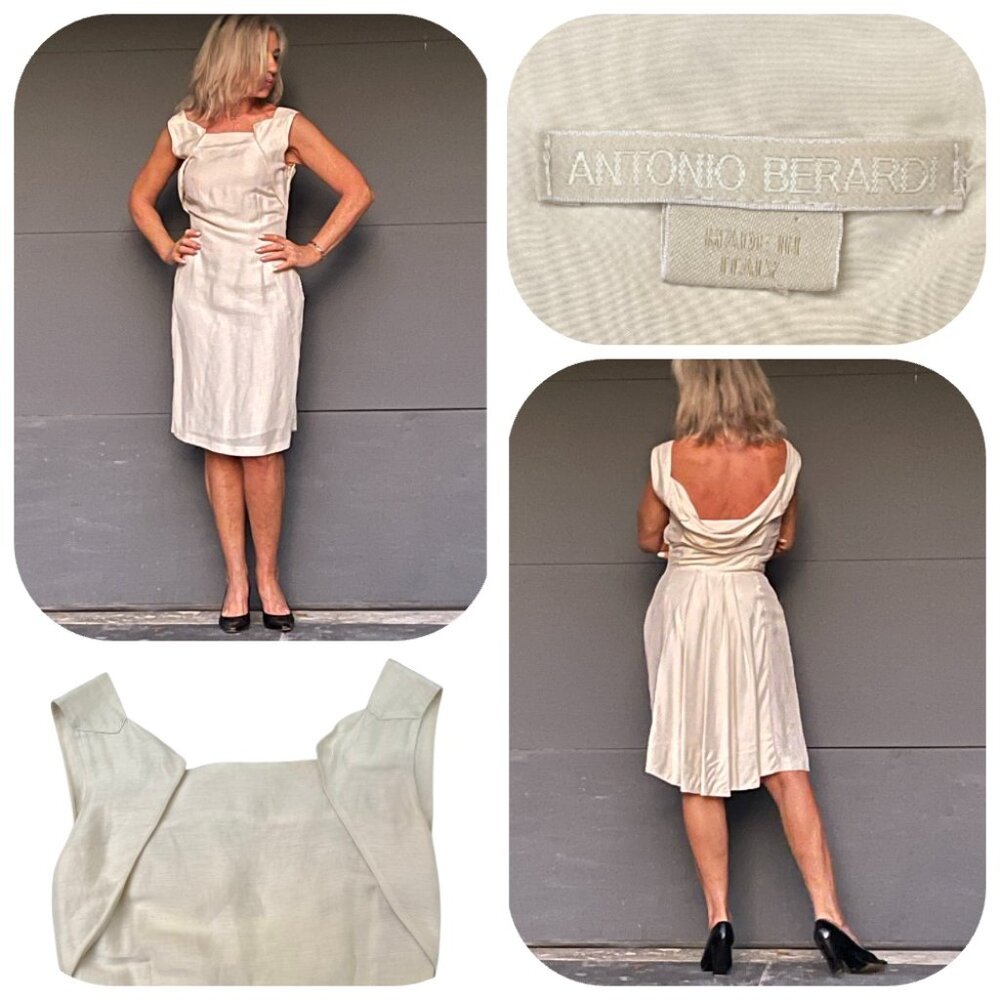 Antonio Berardi made in Italy Linen Silk blend Cowel back sleeveless cream dress